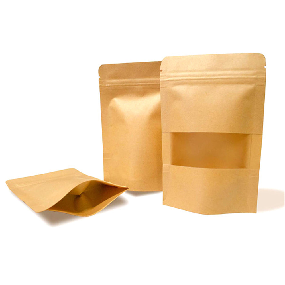 Pungi stand-up kraft cu fereastra si fermoar - maro - set 100buc