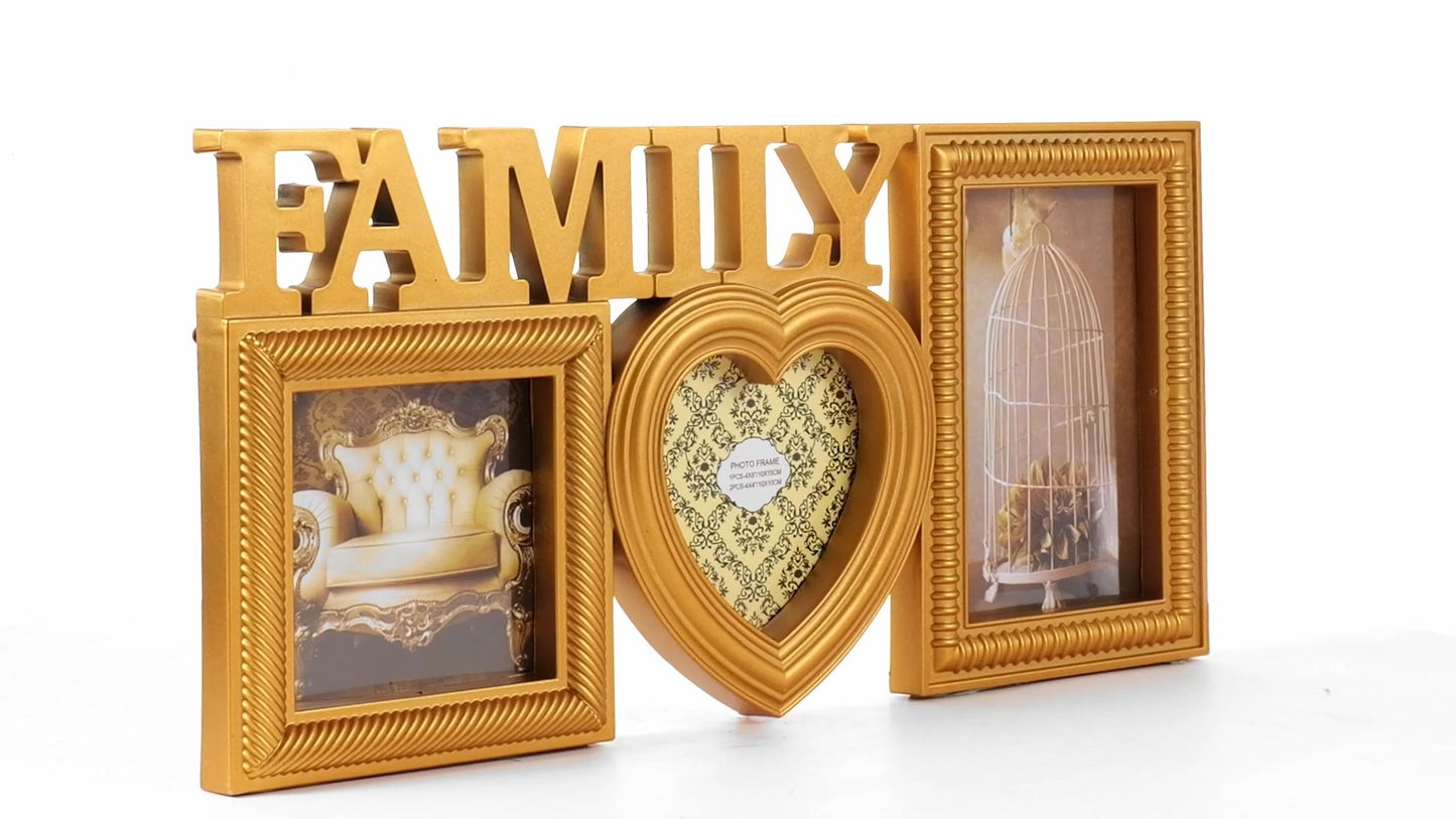 Family gold collage photo frame 3 pictures