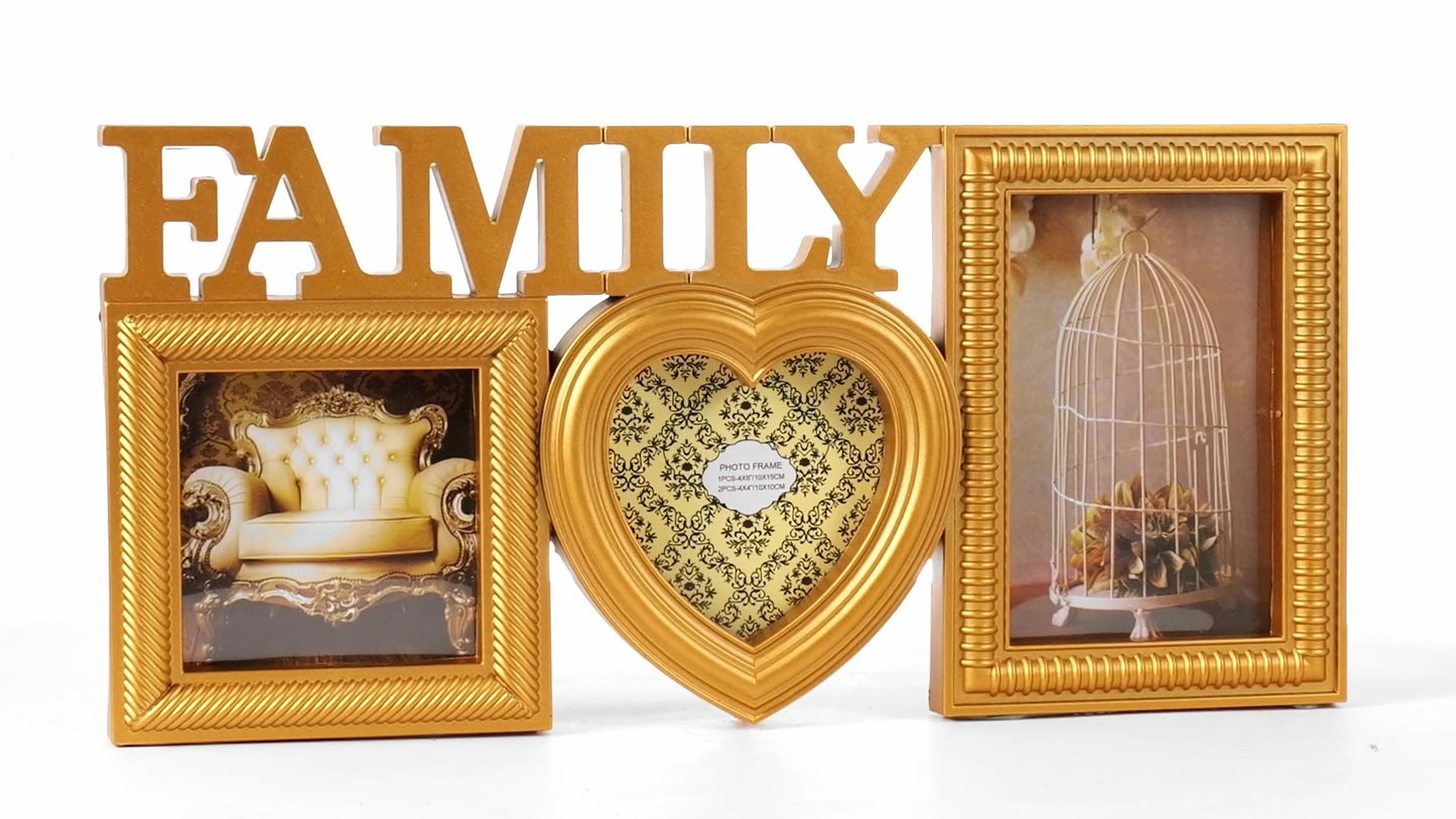 Family gold collage photo frame 3 pictures