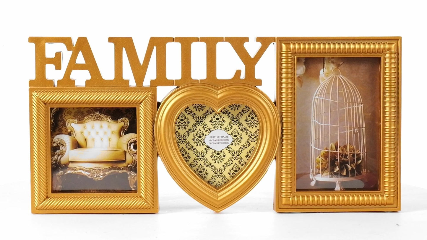 Family gold collage photo frame 3 pictures