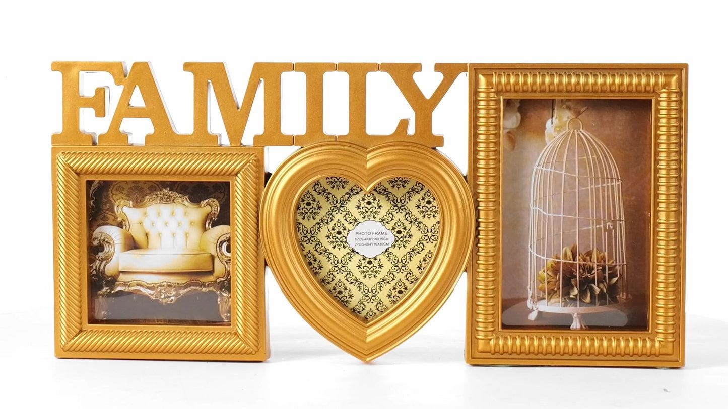 Family gold collage photo frame 3 pictures