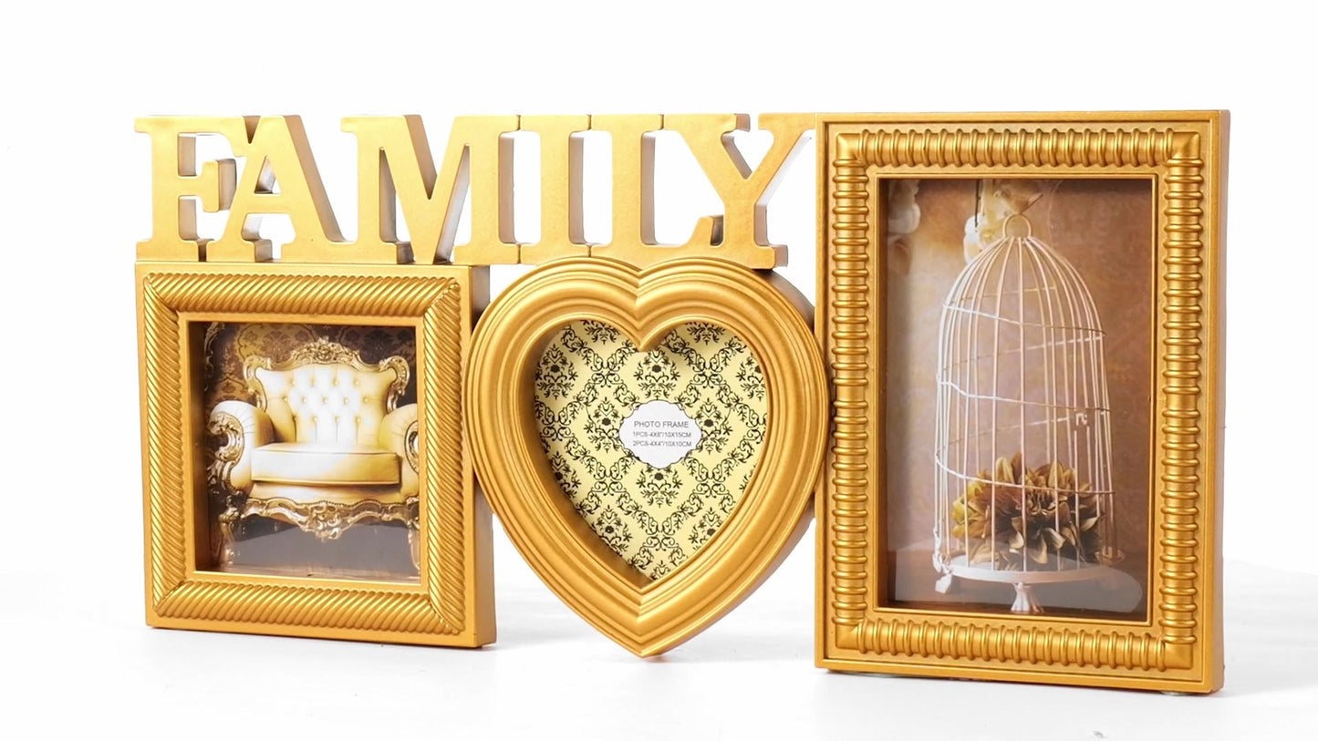 Family gold collage photo frame 3 pictures