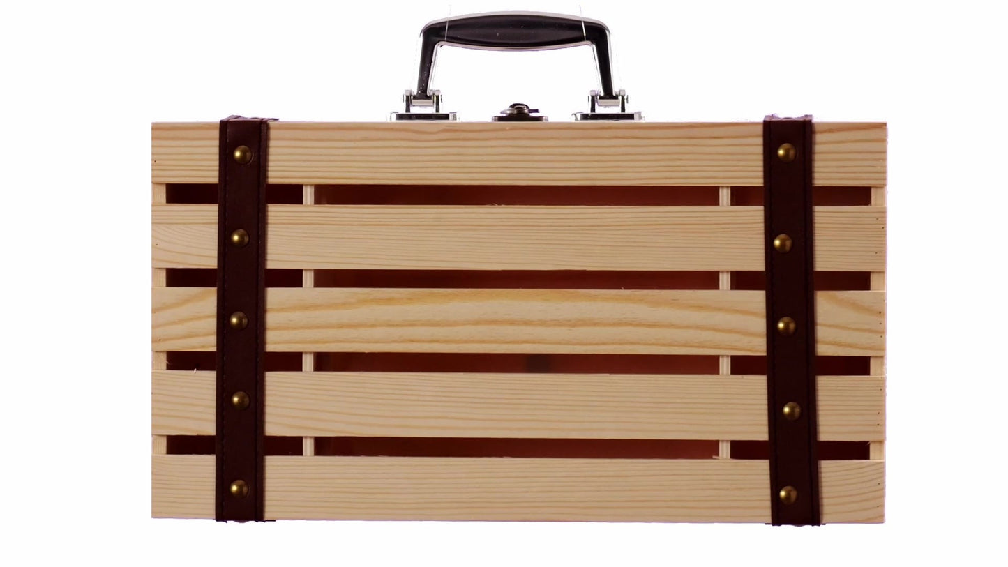 Wooden chest-type box for 2 wine bottles