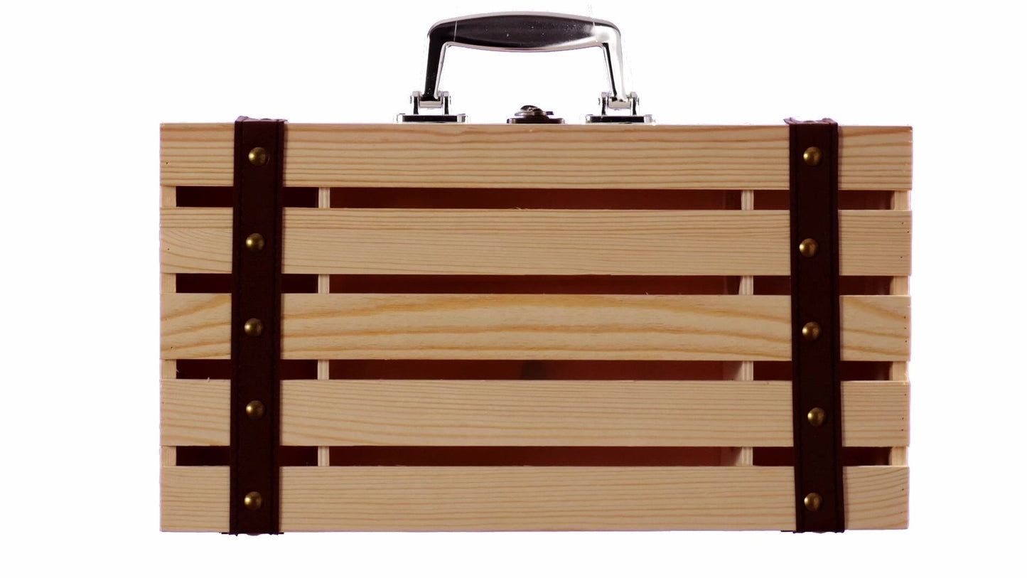Wooden chest-type box for 2 wine bottles