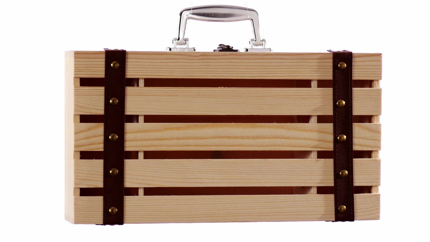 Wooden chest-type box for 2 wine bottles