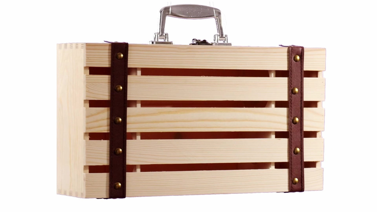 Wooden chest-type box for 2 wine bottles