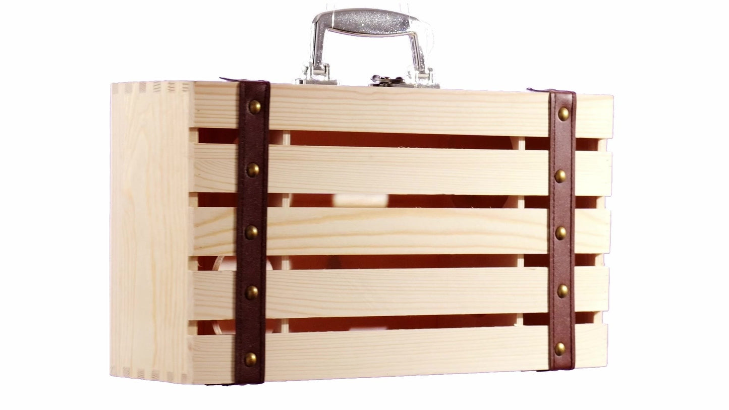 Wooden chest-type box for 2 wine bottles