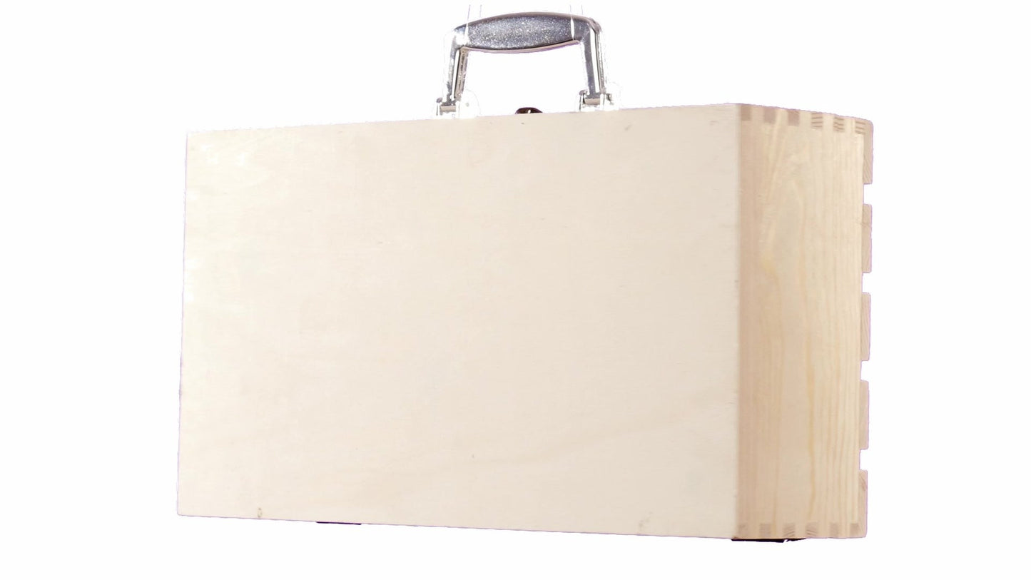 Wooden chest-type box for 2 wine bottles