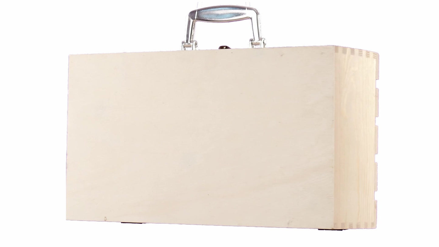 Wooden chest-type box for 2 wine bottles