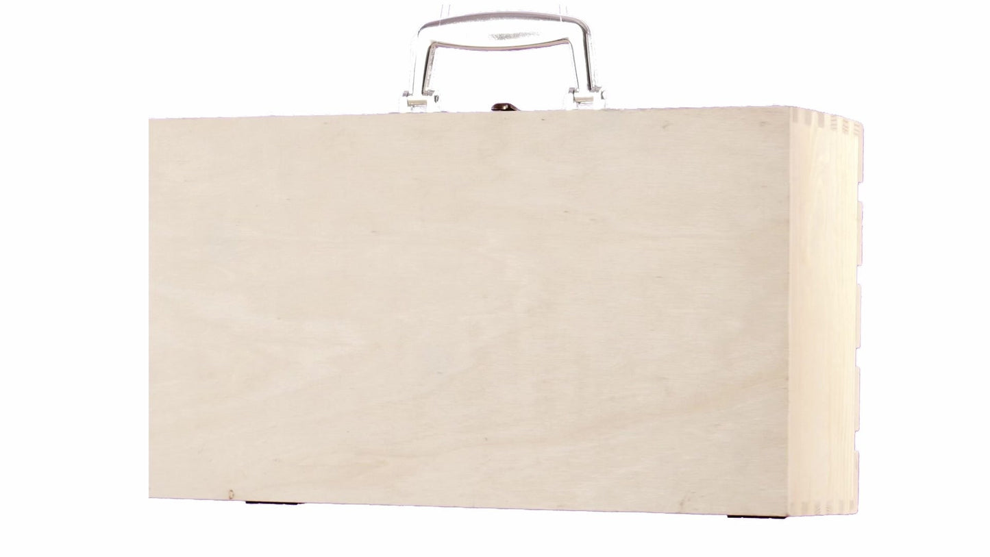 Wooden chest-type box for 2 wine bottles