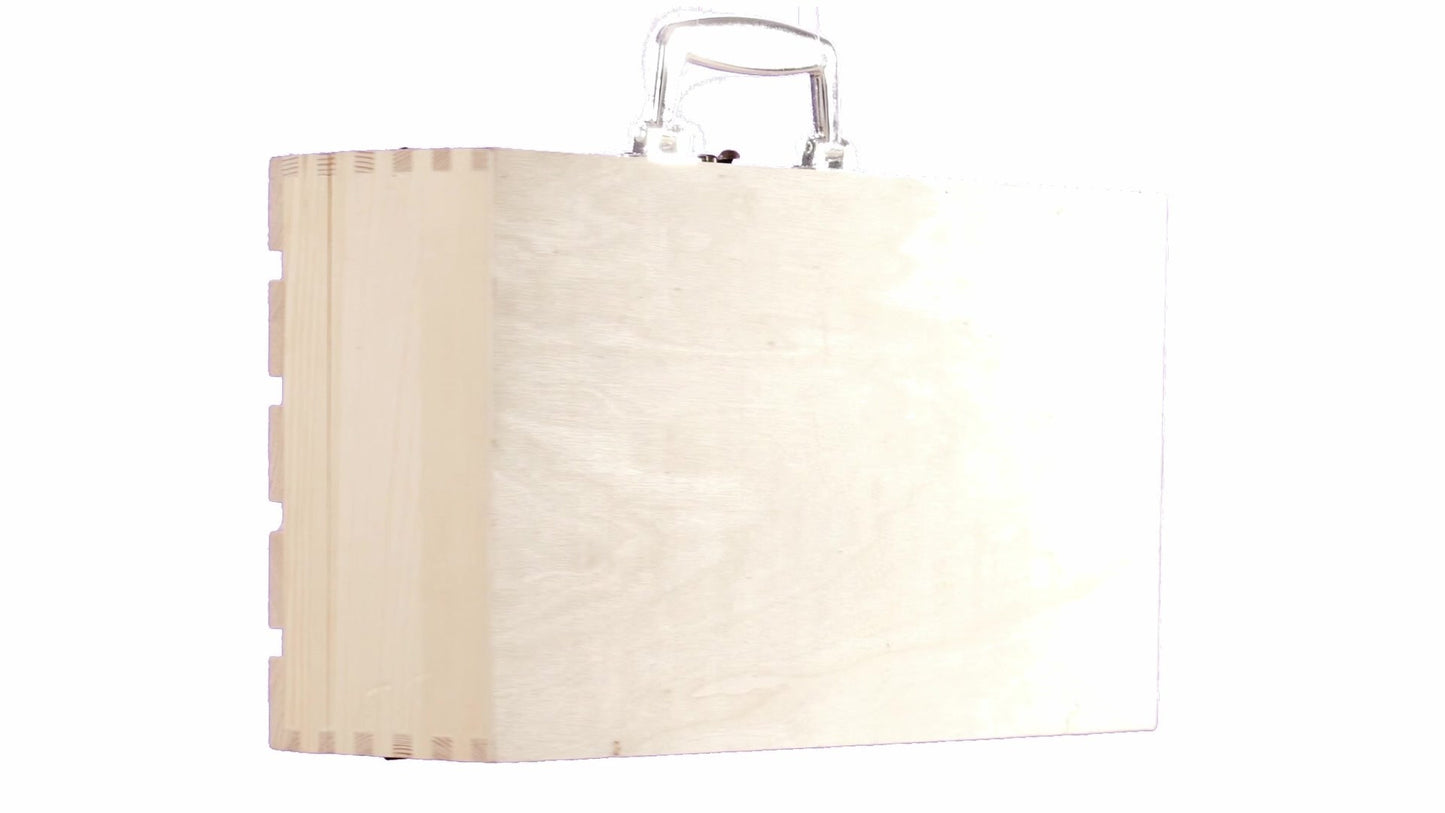 Wooden chest-type box for 2 wine bottles