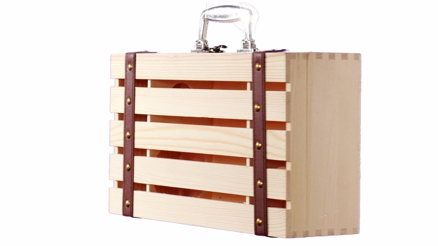 Wooden chest-type box for 2 wine bottles