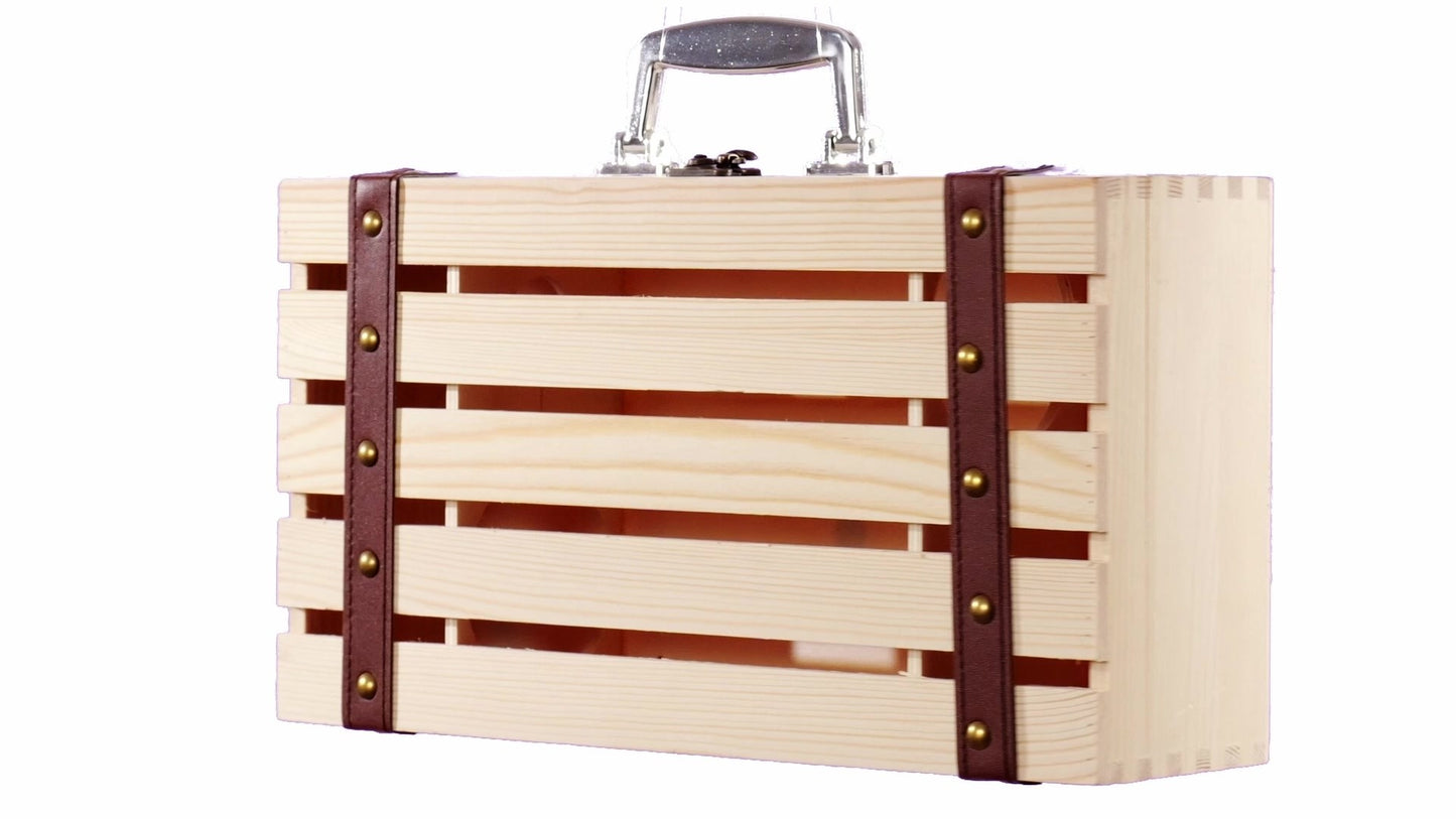 Wooden chest-type box for 2 wine bottles