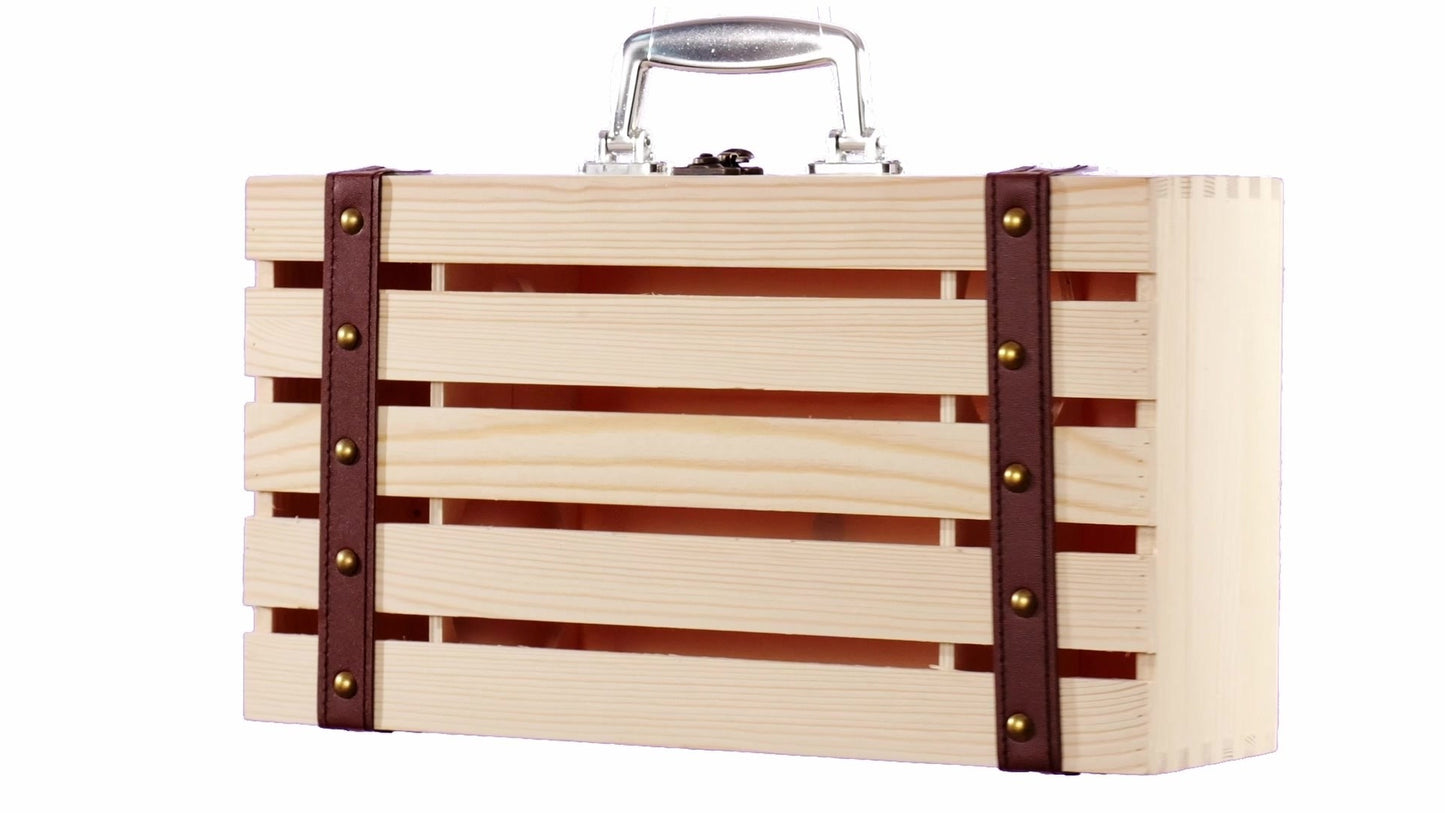 Wooden chest-type box for 2 wine bottles