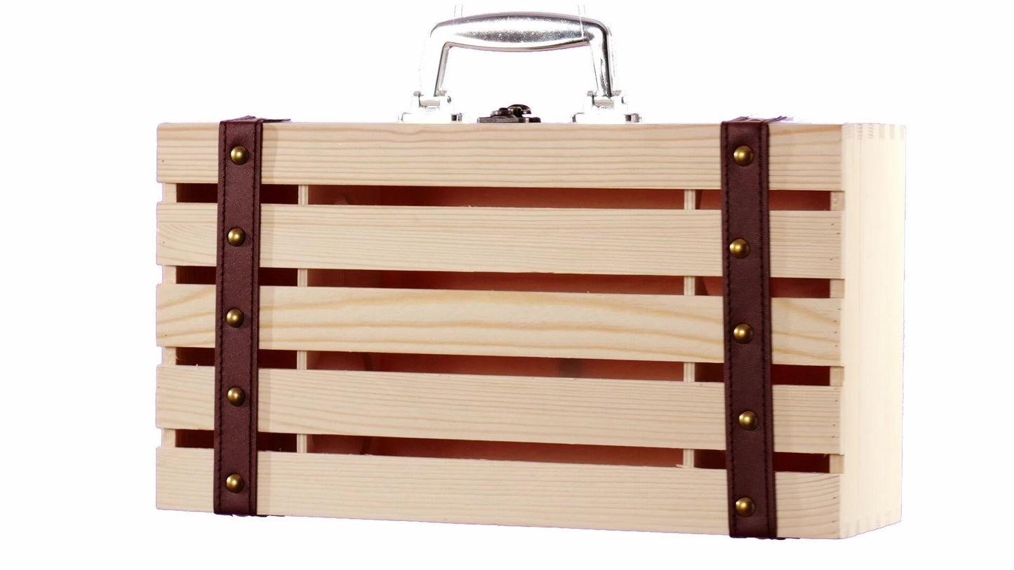 Wooden chest-type box for 2 wine bottles