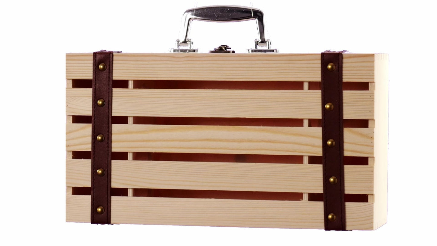 Wooden chest-type box for 2 wine bottles
