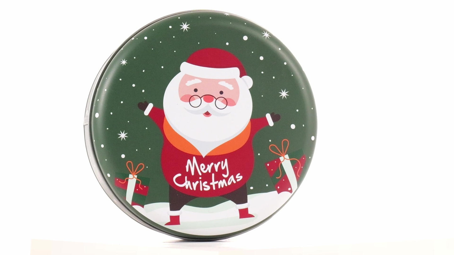 Round green metal tin with Santa Claus design
