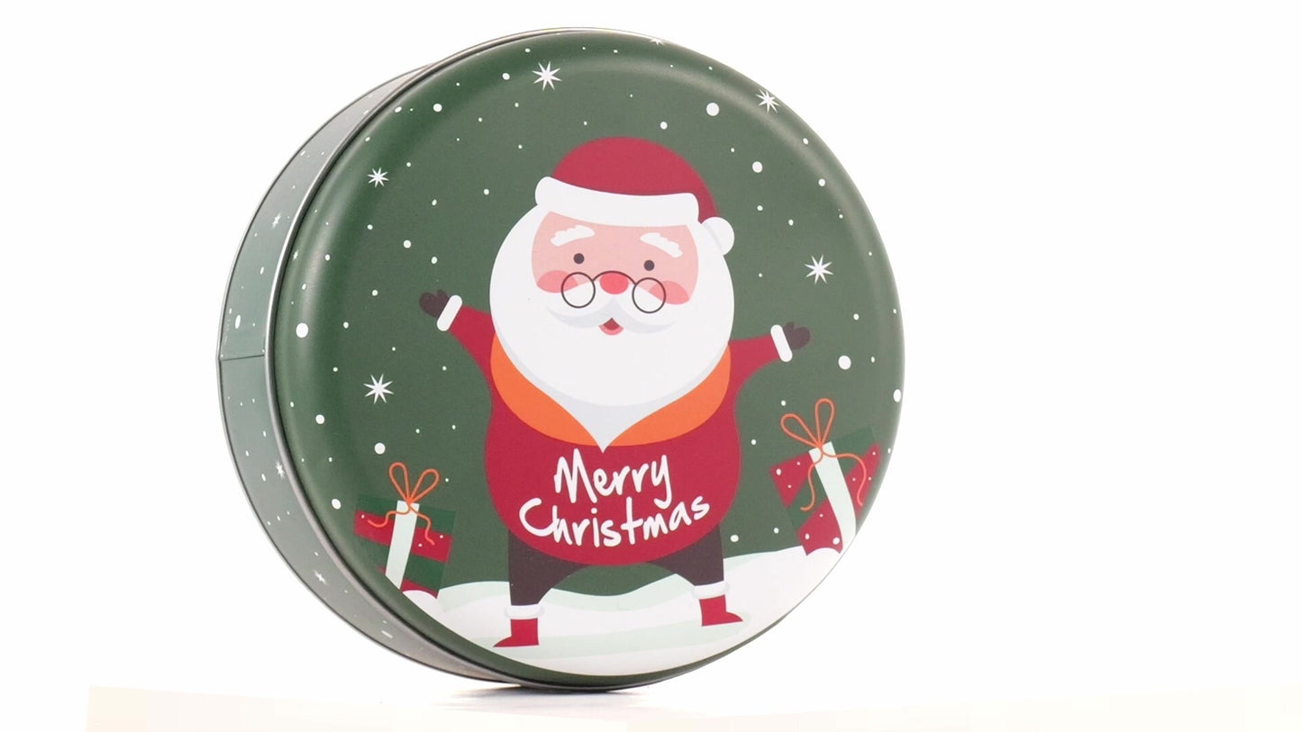 Round green metal tin with Santa Claus design