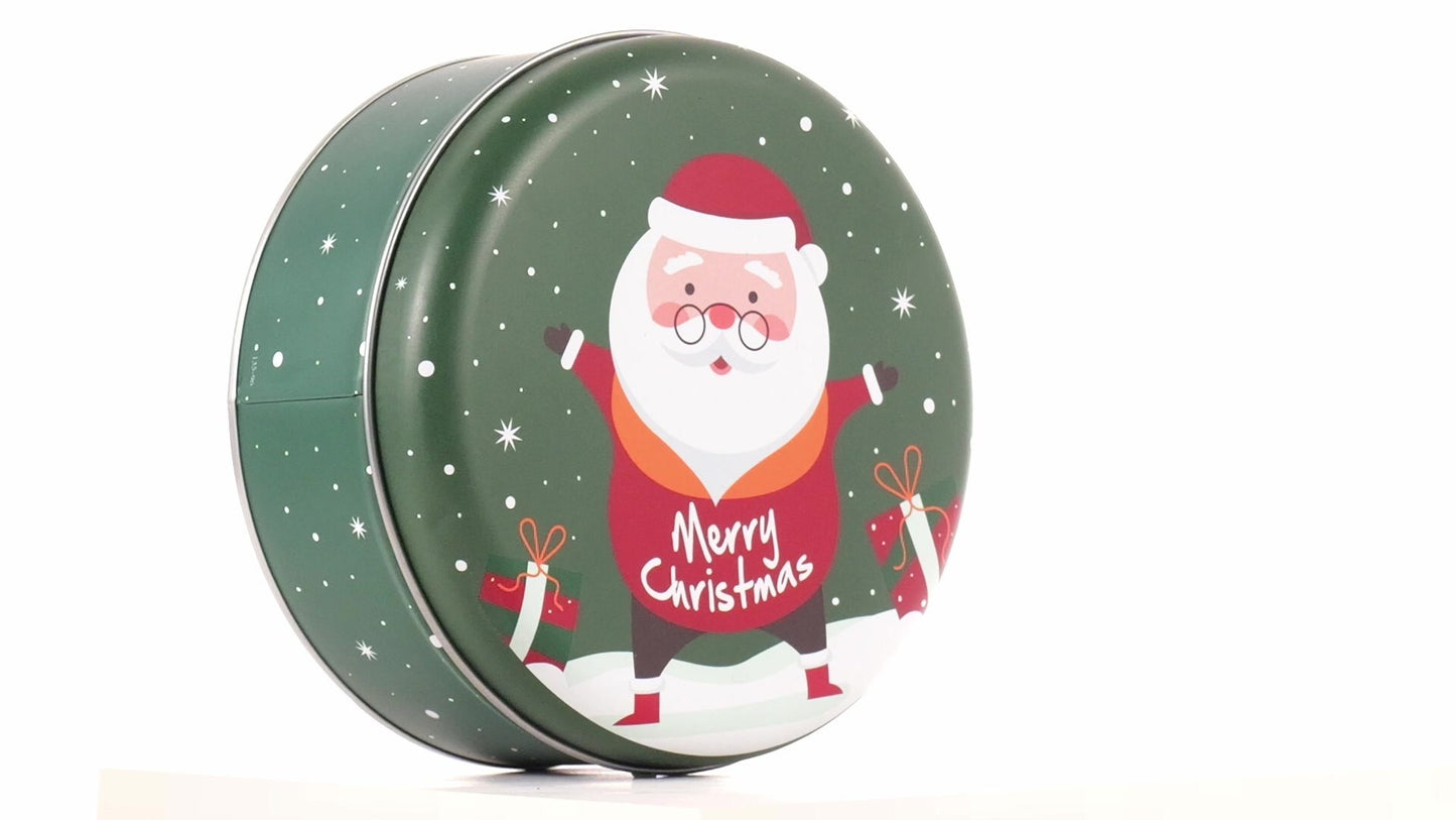 Round green metal tin with Santa Claus design