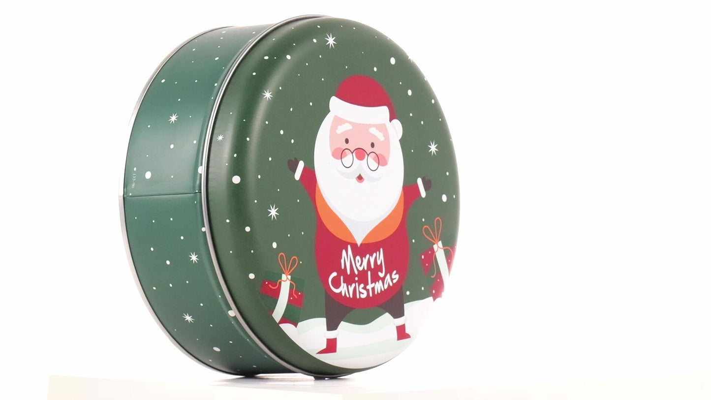 Round green metal tin with Santa Claus design