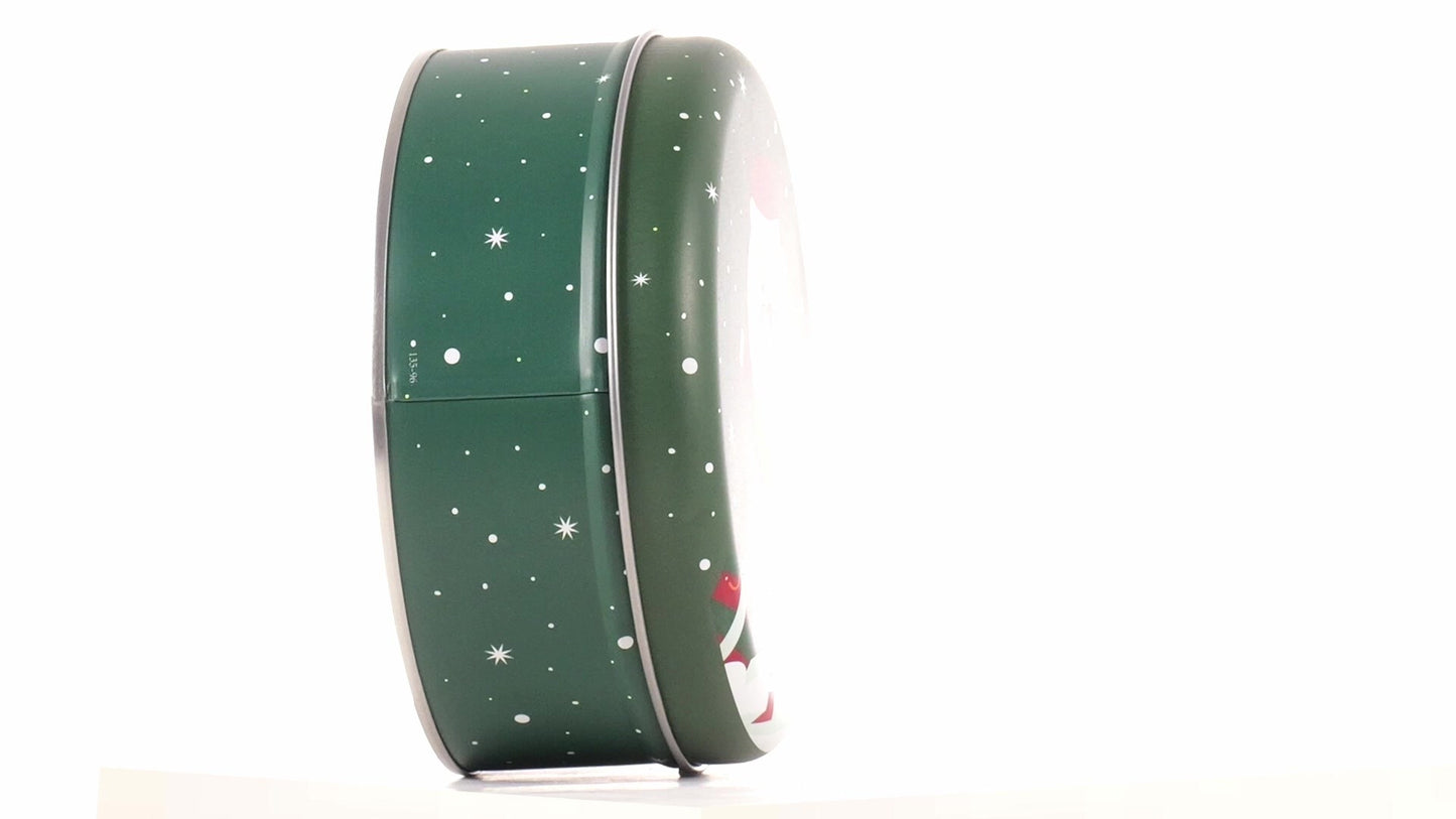 Round green metal tin with Santa Claus design
