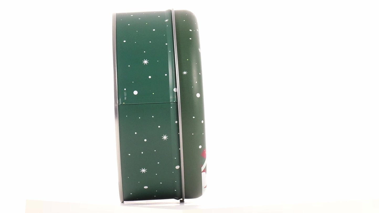 Round green metal tin with Santa Claus design