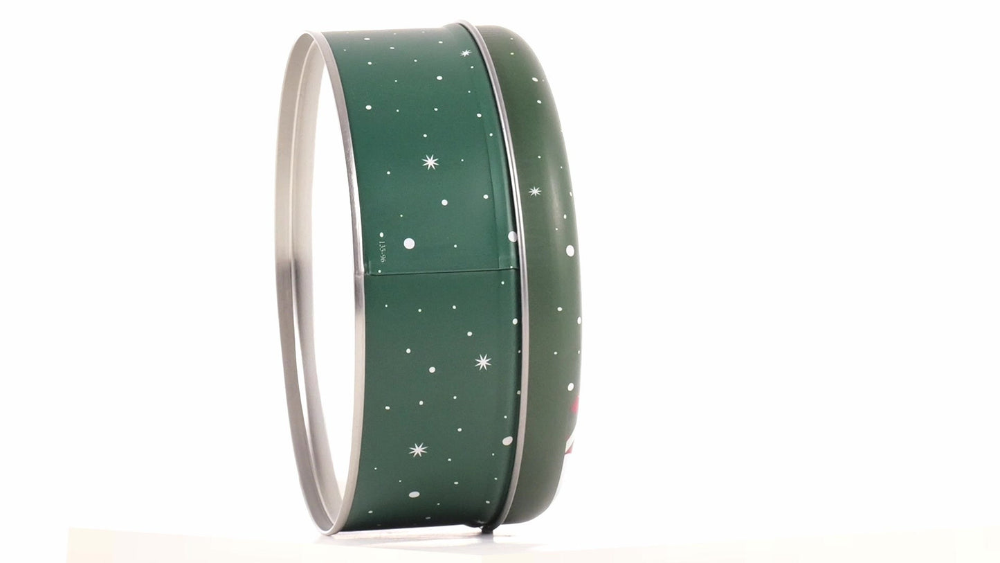 Round green metal tin with Santa Claus design