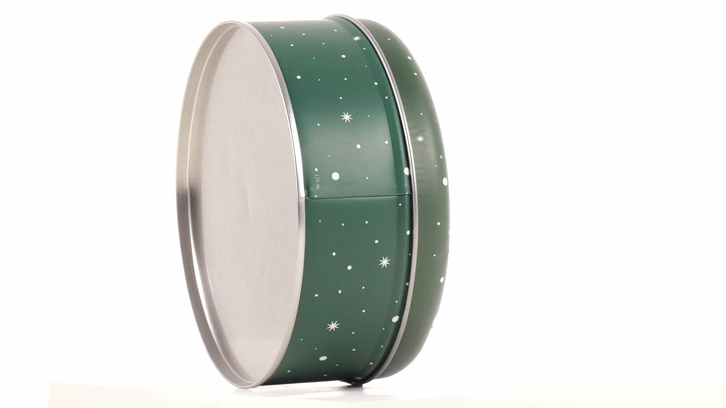 Round green metal tin with Santa Claus design