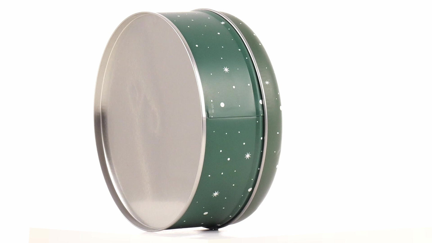 Round green metal tin with Santa Claus design