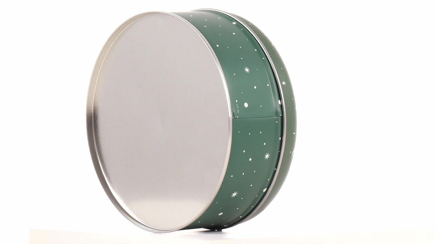 Round green metal tin with Santa Claus design