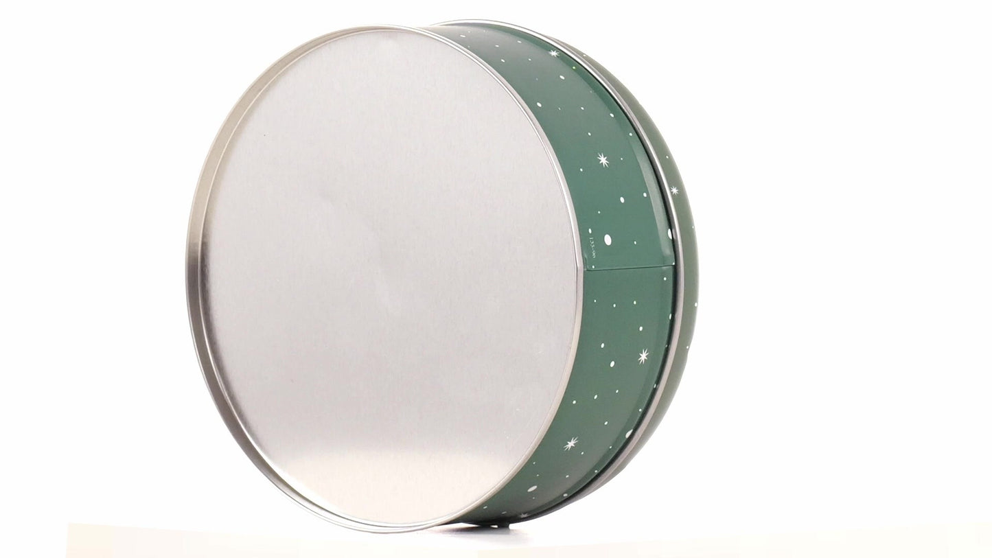 Round green metal tin with Santa Claus design