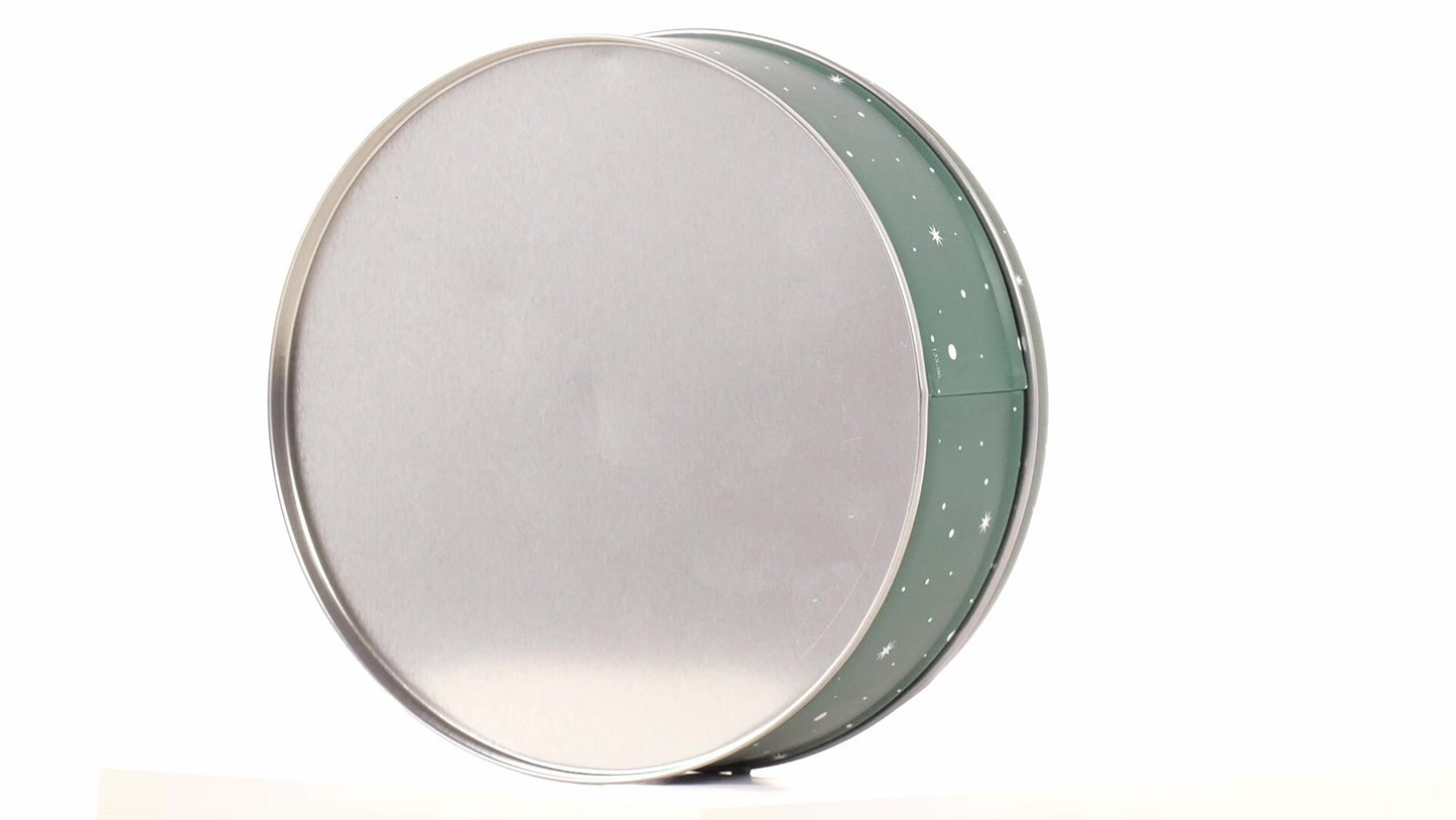Round green metal tin with Santa Claus design