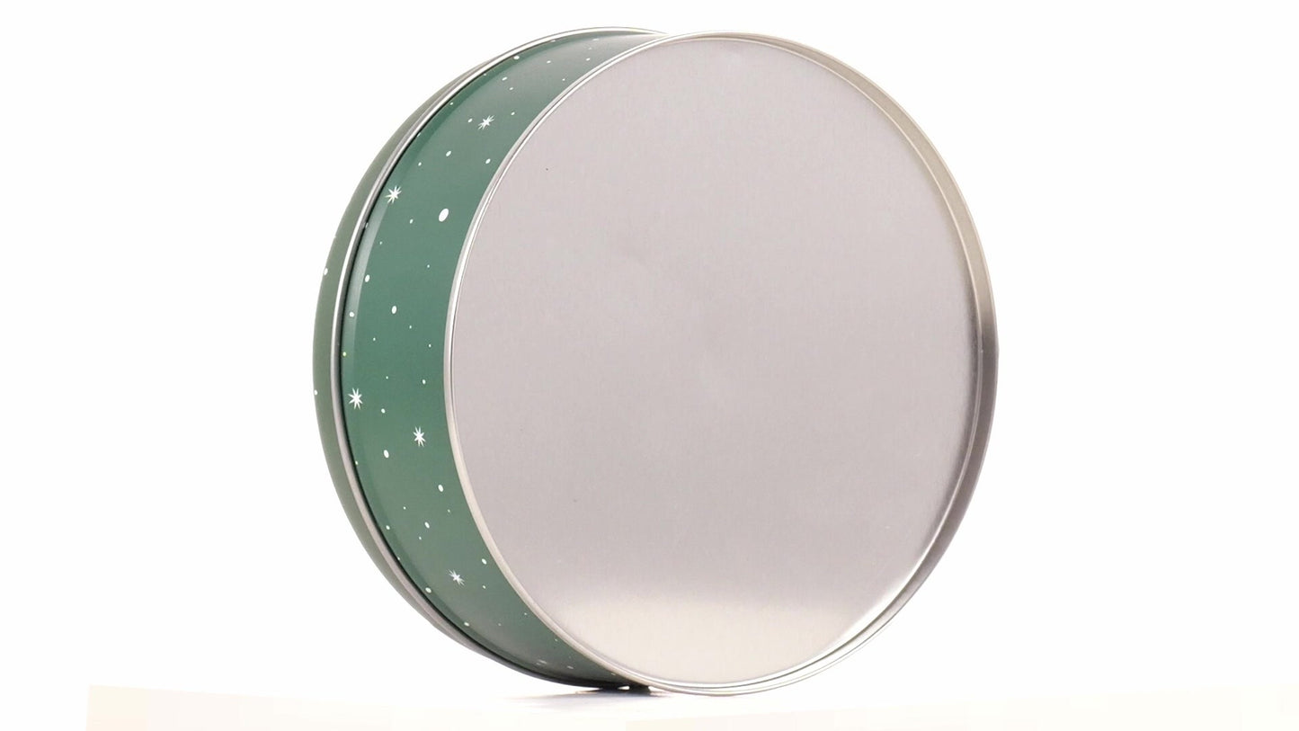 Round green metal tin with Santa Claus design