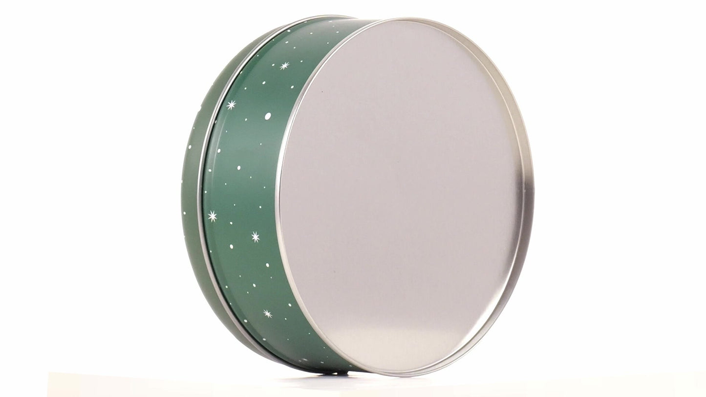 Round green metal tin with Santa Claus design