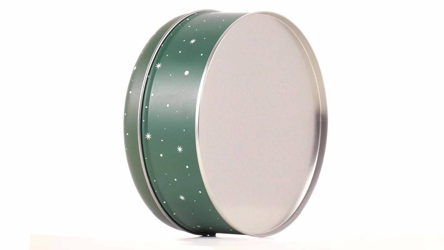 Round green metal tin with Santa Claus design