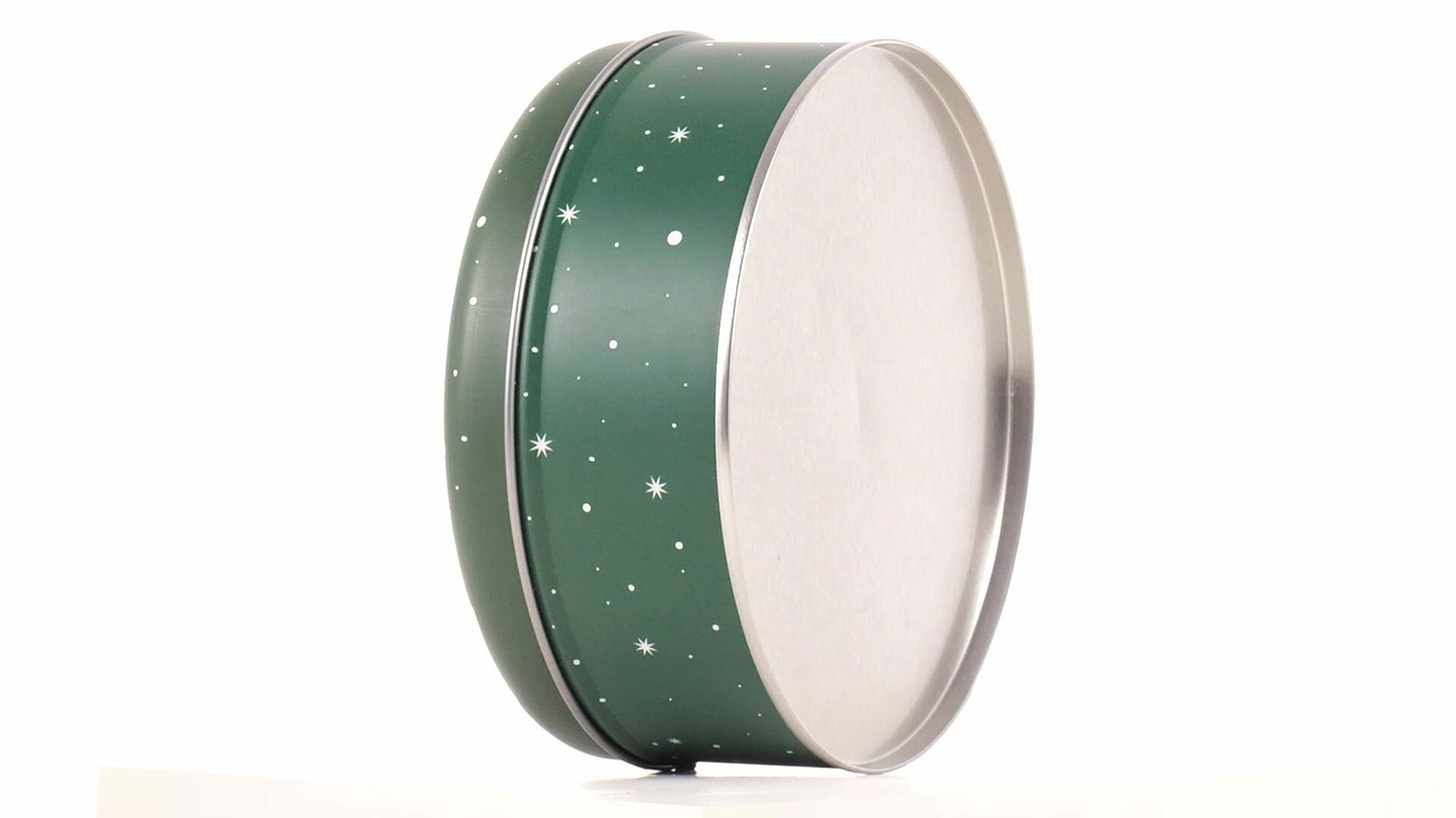 Round green metal tin with Santa Claus design