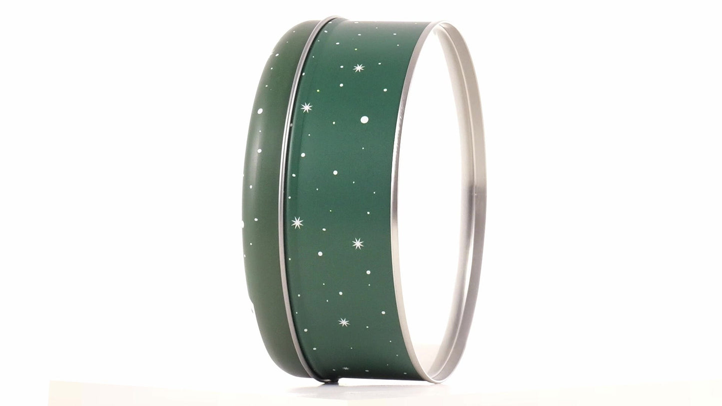 Round green metal tin with Santa Claus design