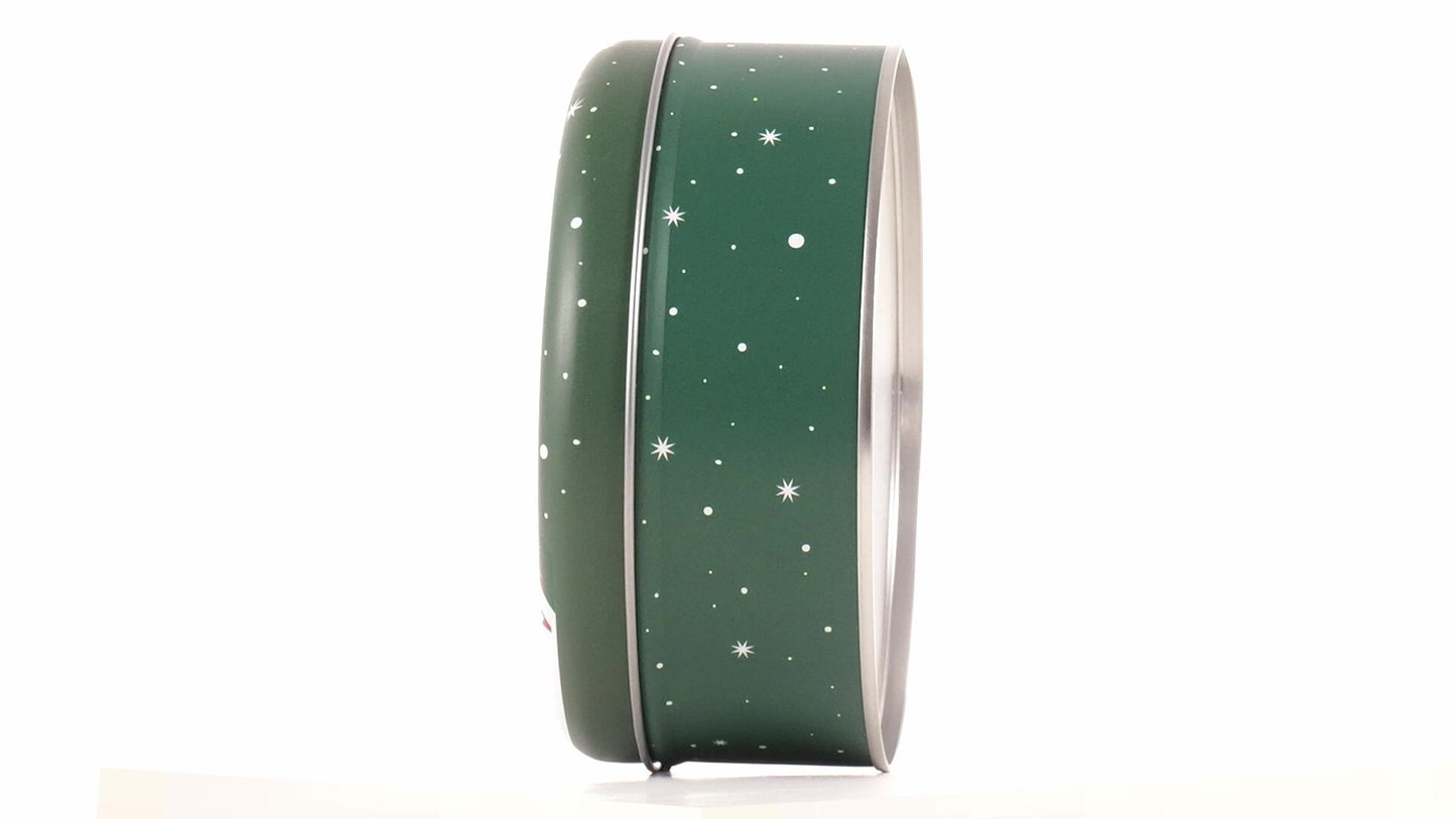 Round green metal tin with Santa Claus design