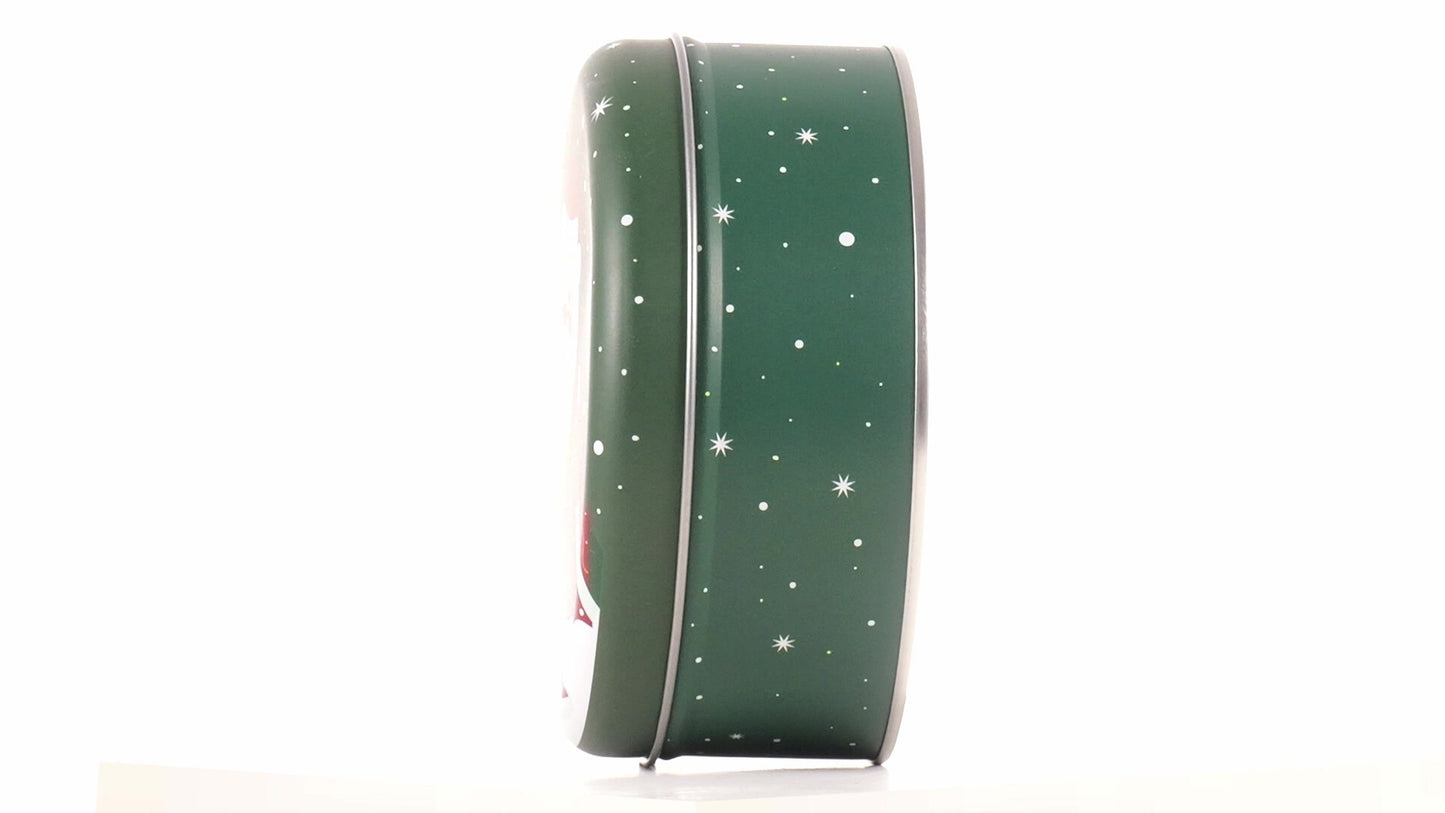 Round green metal tin with Santa Claus design