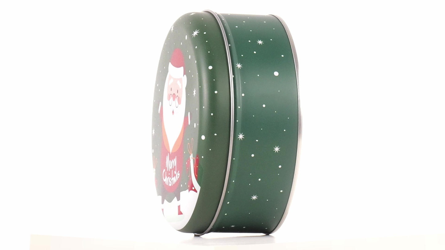 Round green metal tin with Santa Claus design