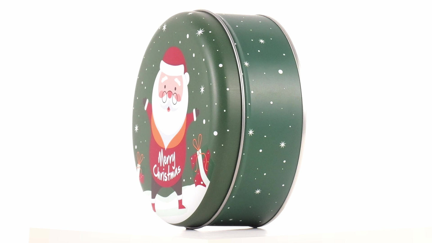 Round green metal tin with Santa Claus design