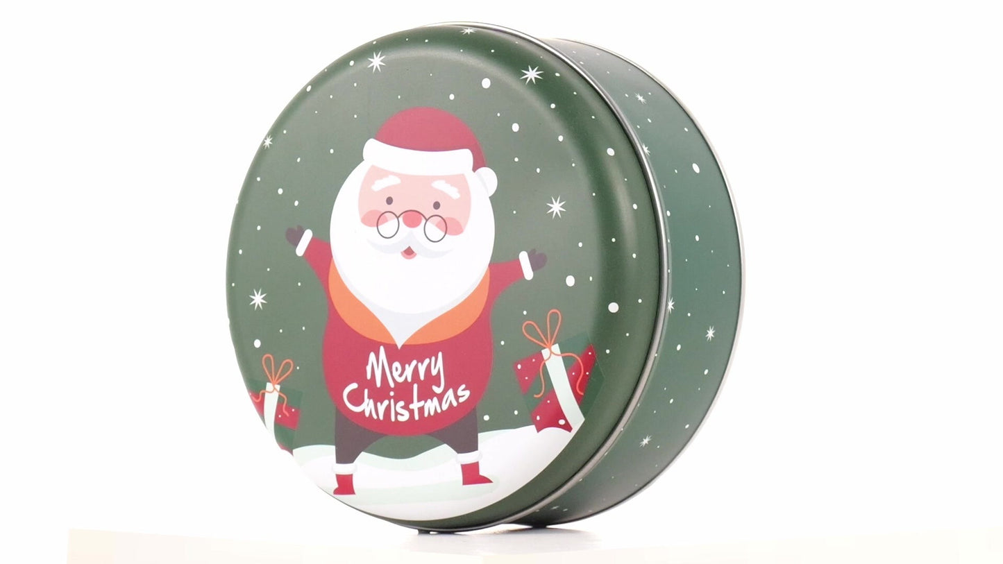 Round green metal tin with Santa Claus design