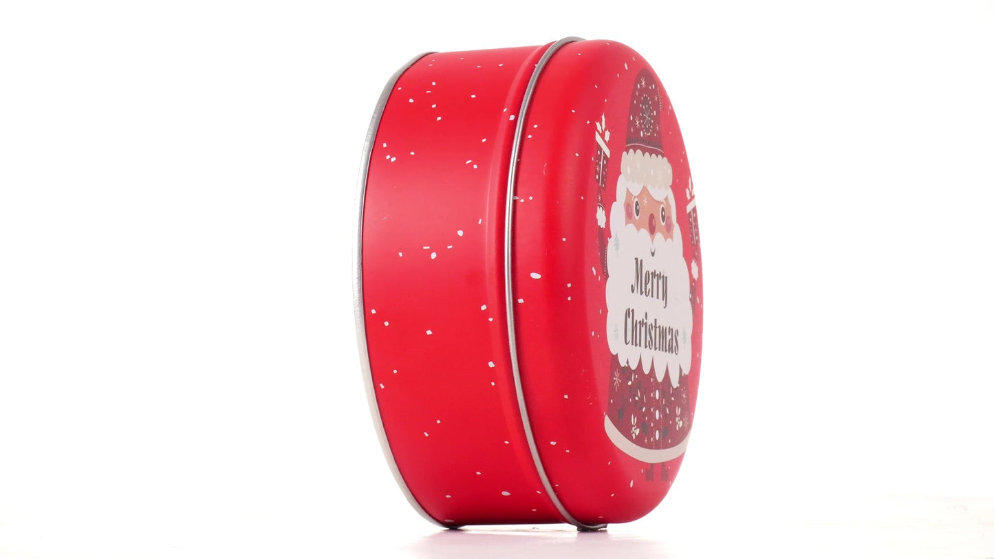 Round red metal tin with Santa Claus design