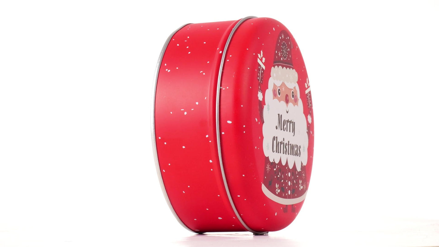 Round red metal tin with Santa Claus design