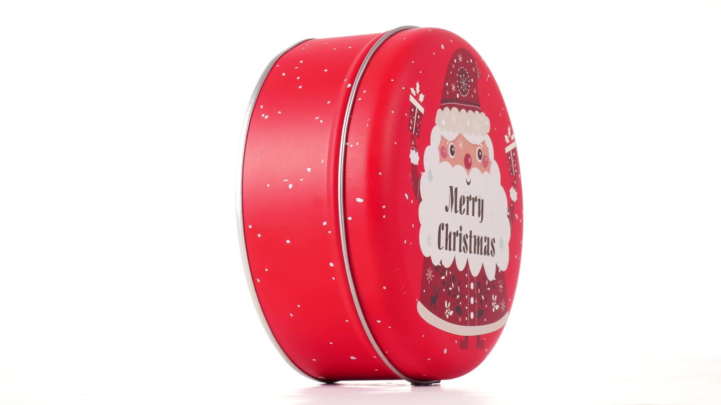 Round red metal tin with Santa Claus design