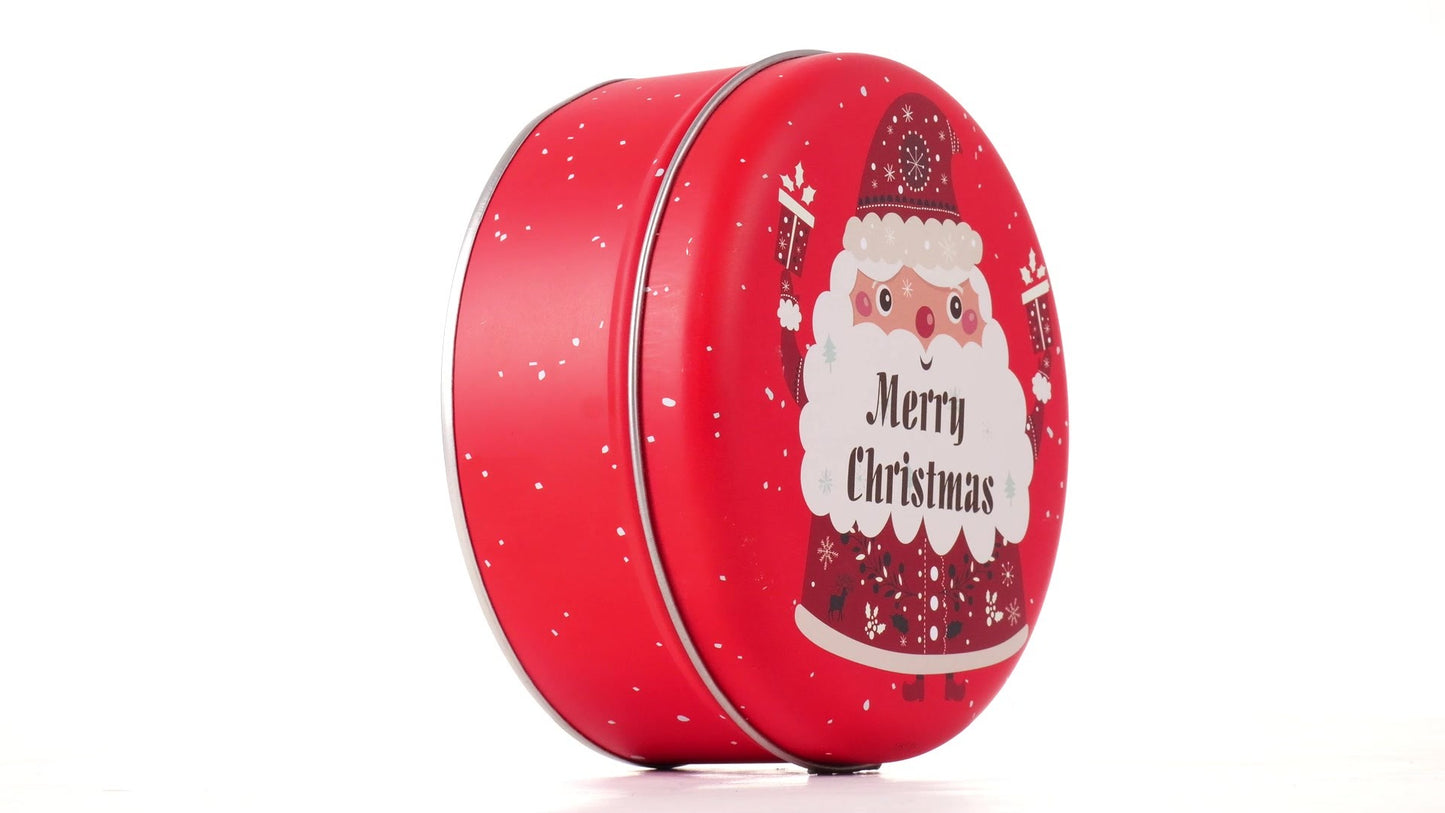 Round red metal tin with Santa Claus design