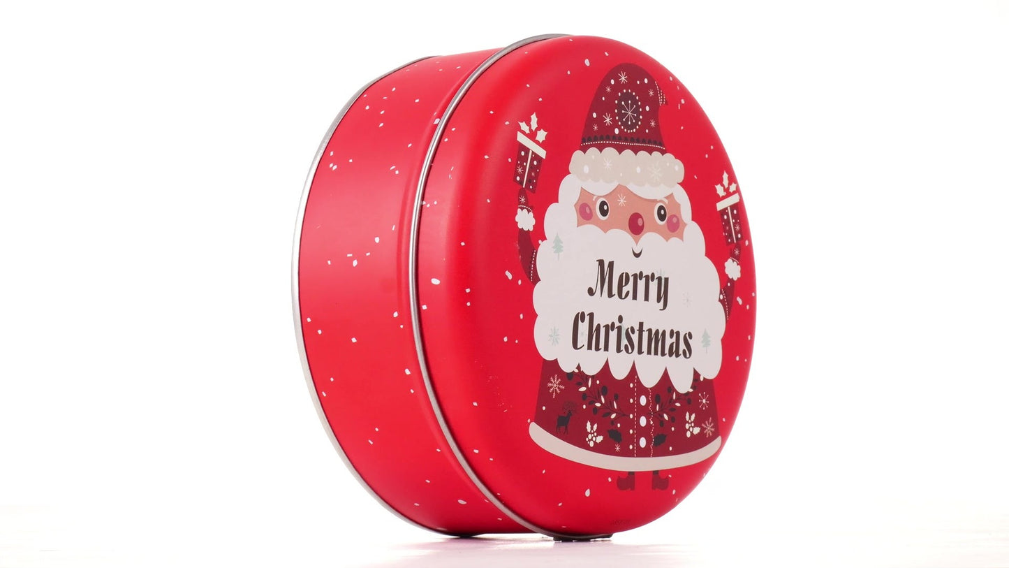 Round red metal tin with Santa Claus design
