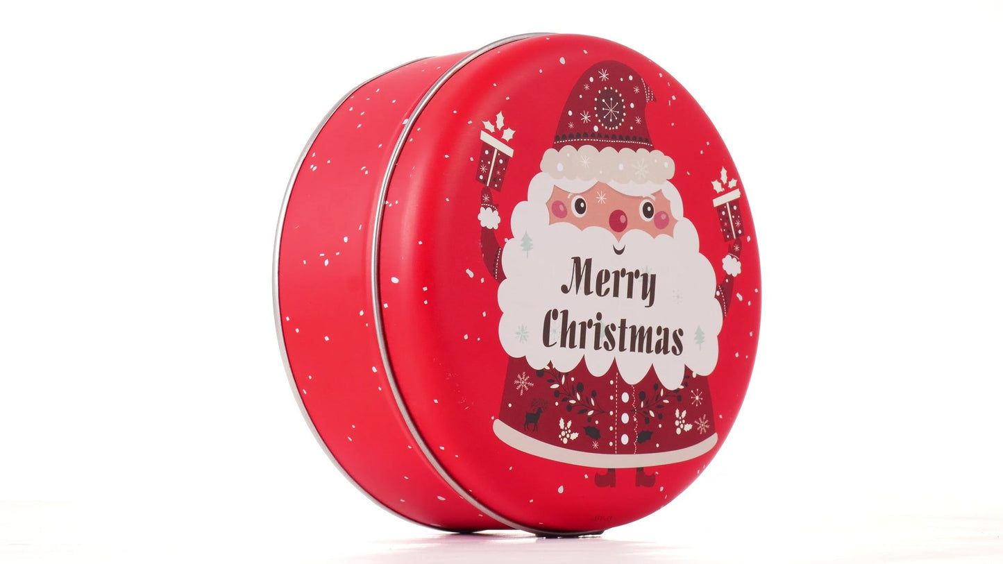 Round red metal tin with Santa Claus design