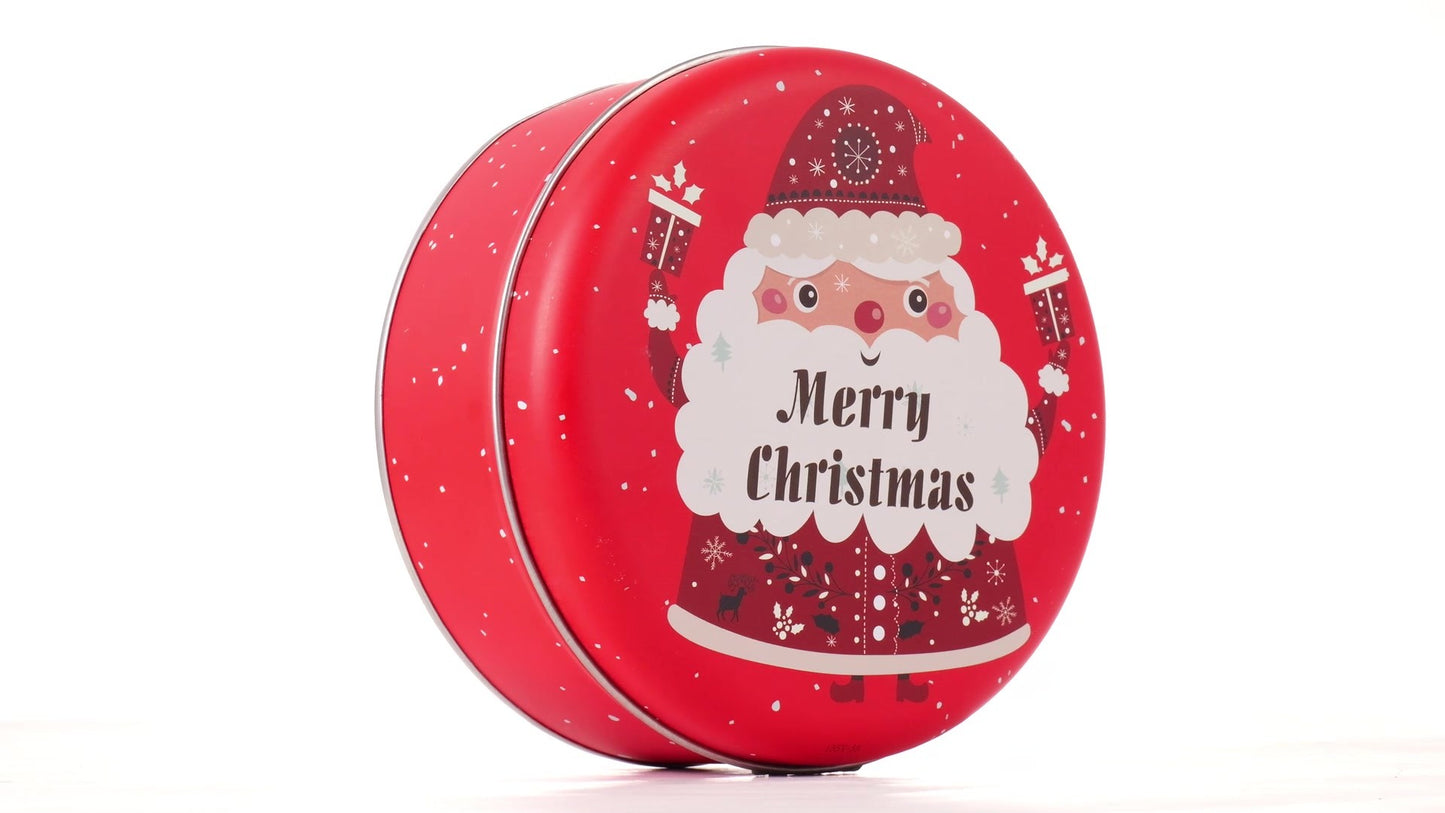 Round red metal tin with Santa Claus design