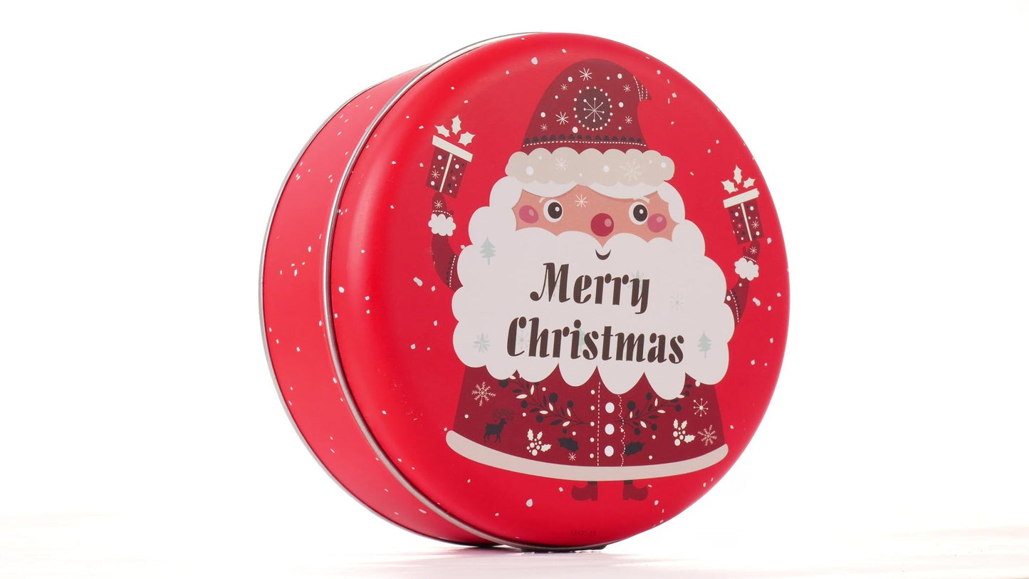 Round red metal tin with Santa Claus design